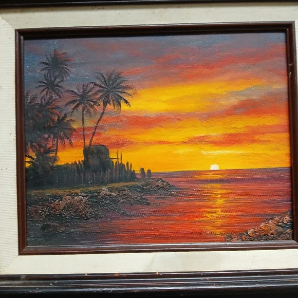 Vintage Oil Painting on Canvas Signed Beach Sunset/Sunrise Tropical Warm Colors